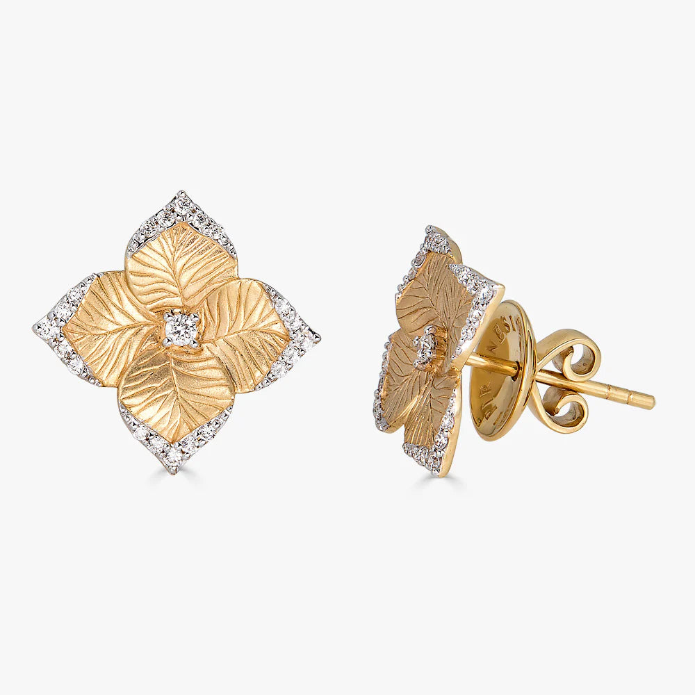 Piranesi Oro Fiore Small Flower Earrings With Diamonds Yellow Gold