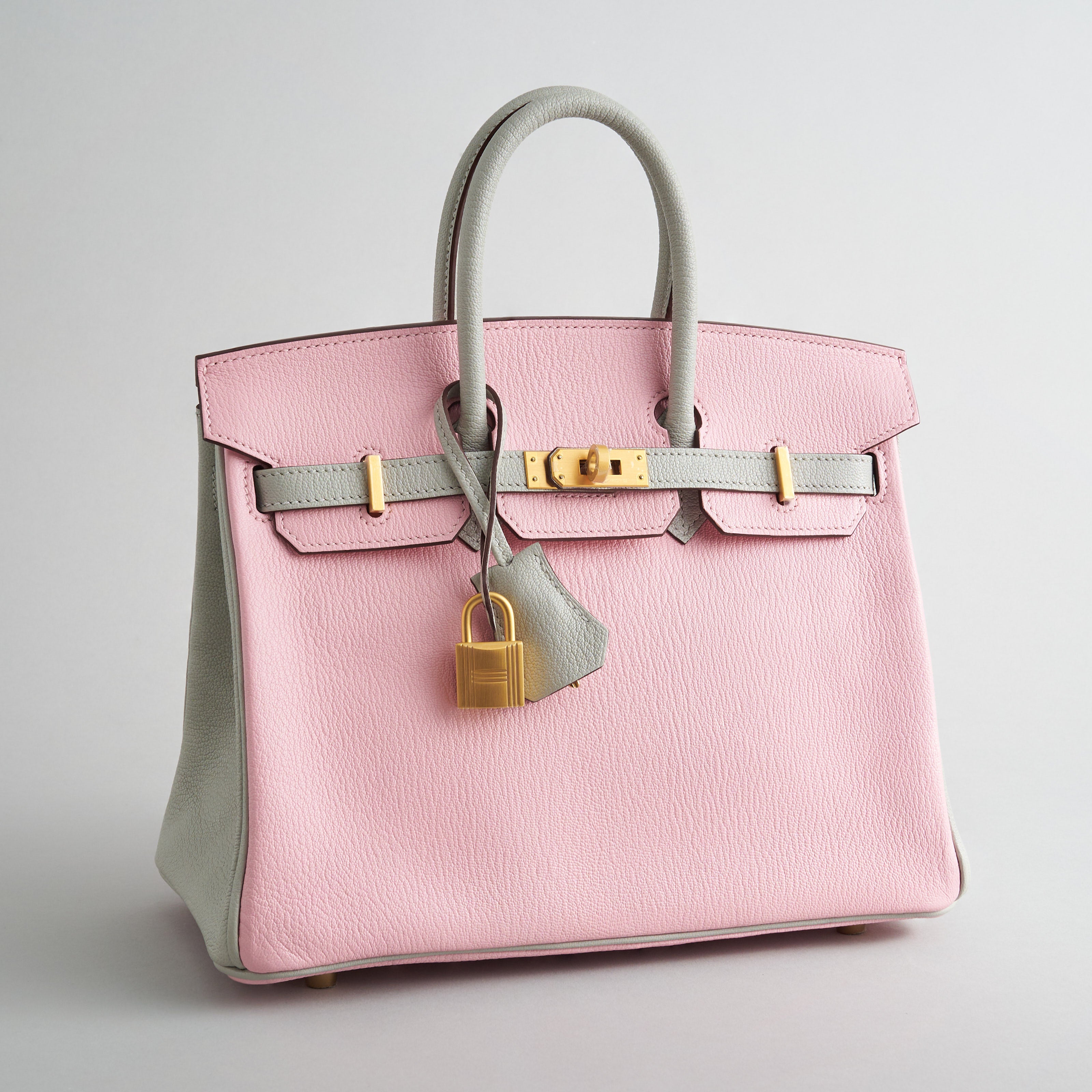 Hermès Birkin 25 Chevre Rose Sakura / Gris Perle Brushed Gold HSS