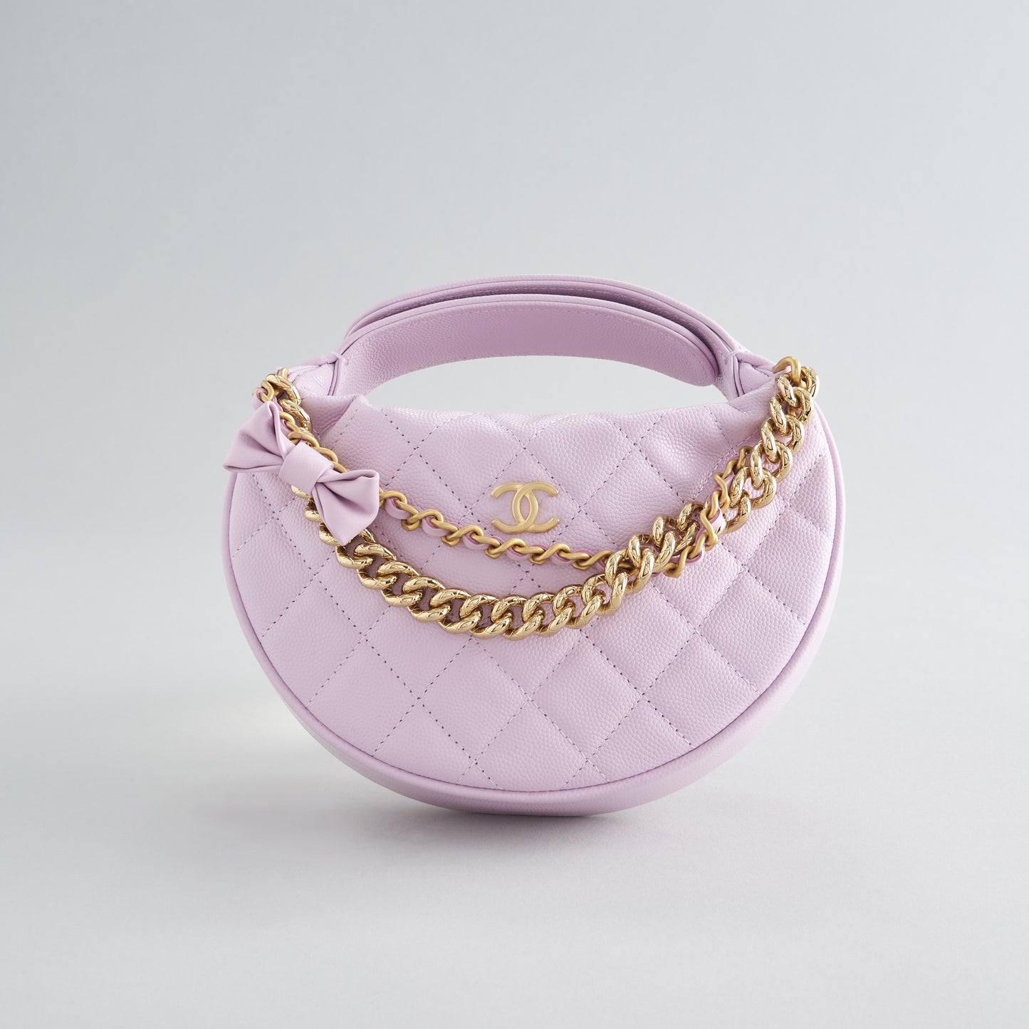 Chanel Quilted Circle Pouch Bag Mini Caviar Light Purple w/ Chain Gold Hardware