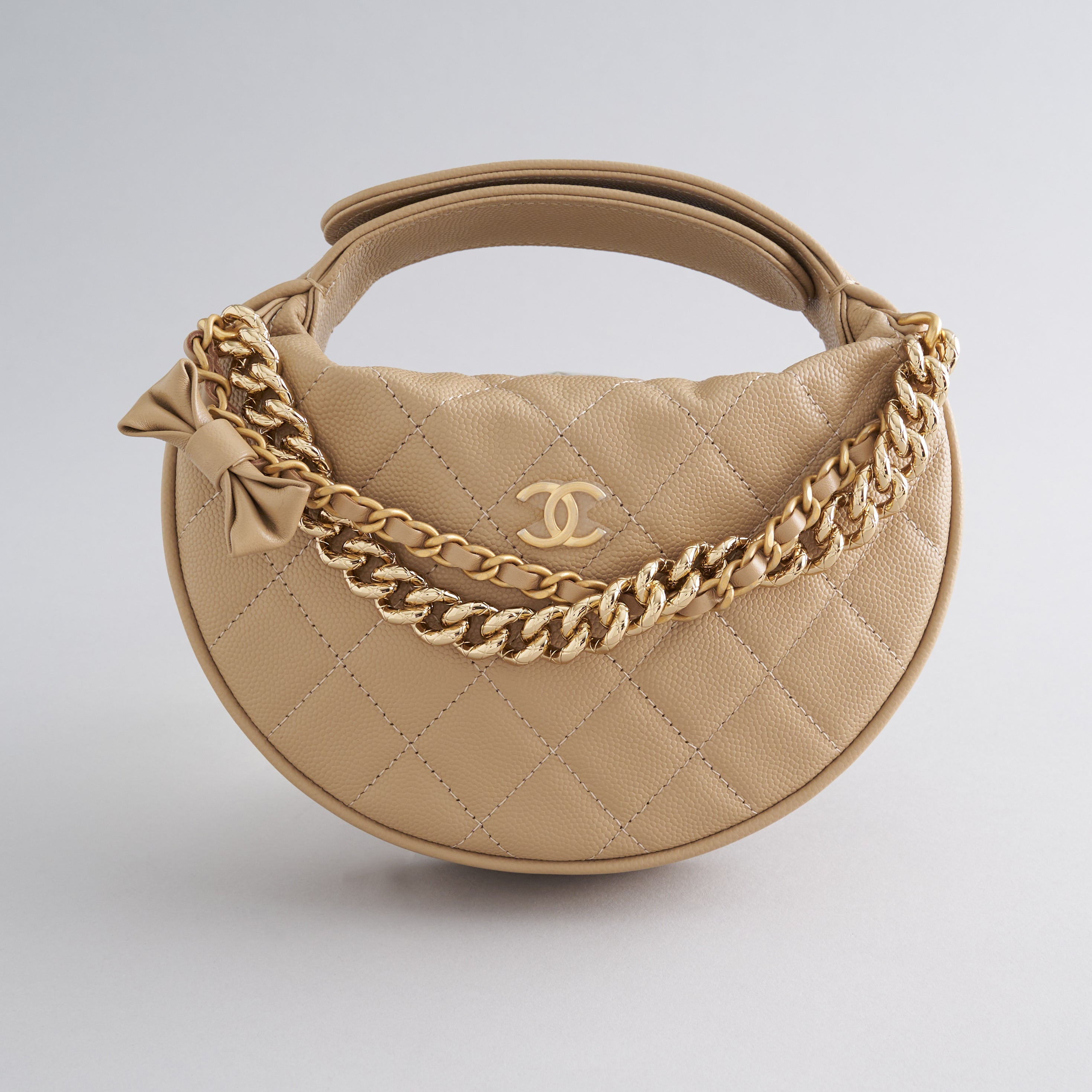 Chanel Quilted Circle Pouch Bag Beige w/ Chain Gold Hardware