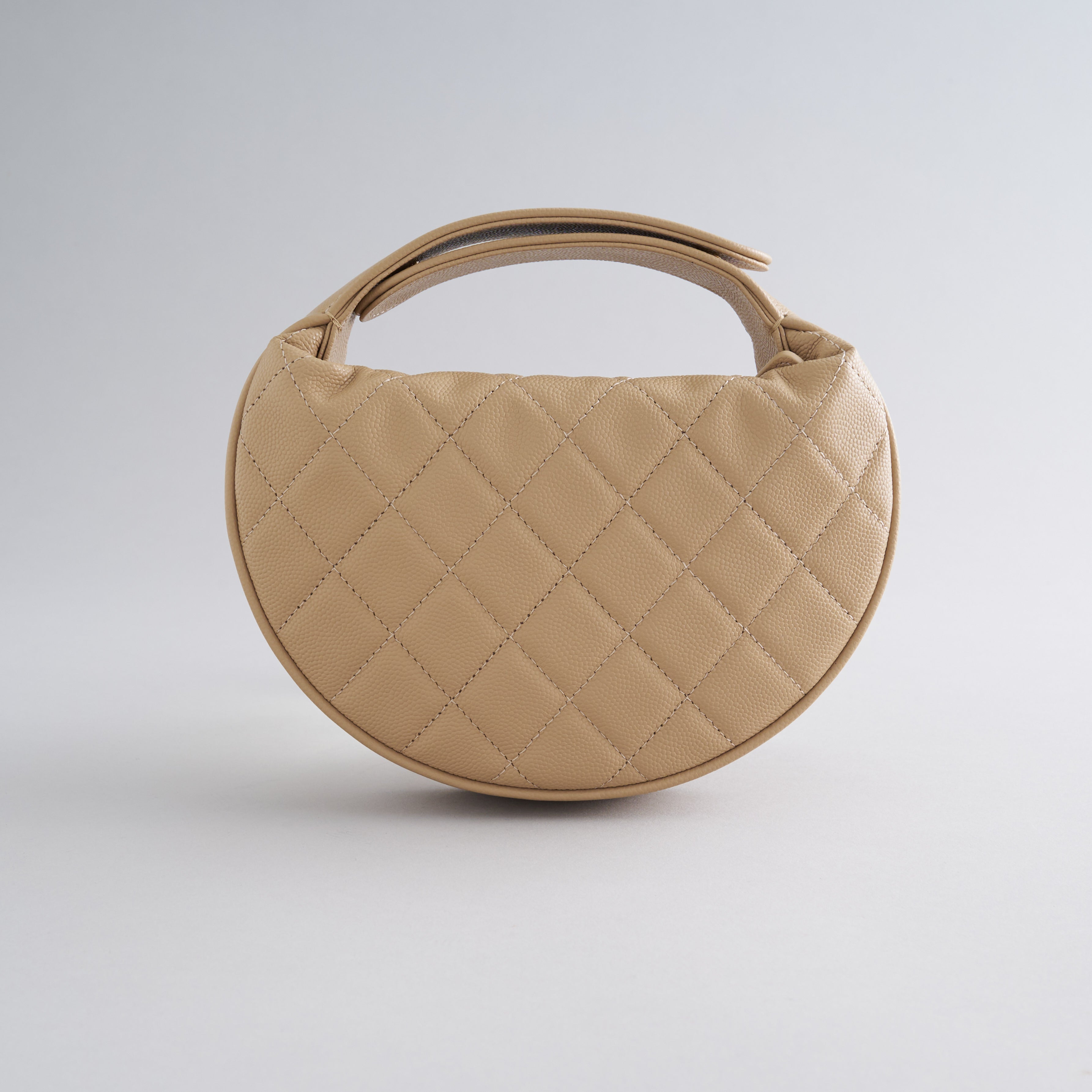 Chanel Quilted Circle Pouch Bag Beige w/ Chain Gold Hardware