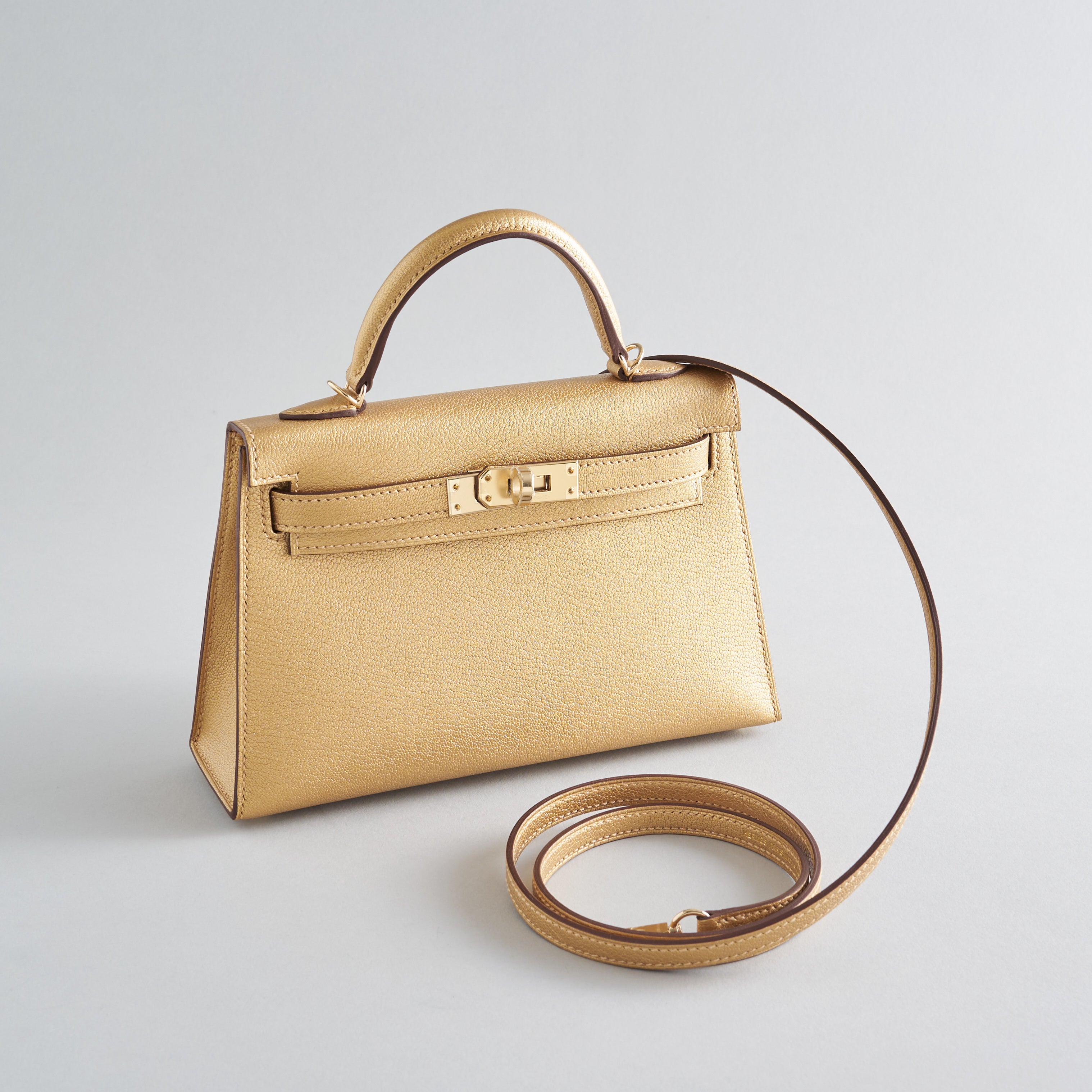 Hermes Kelly Mini Chamkilight Chevre Dore Permabrass