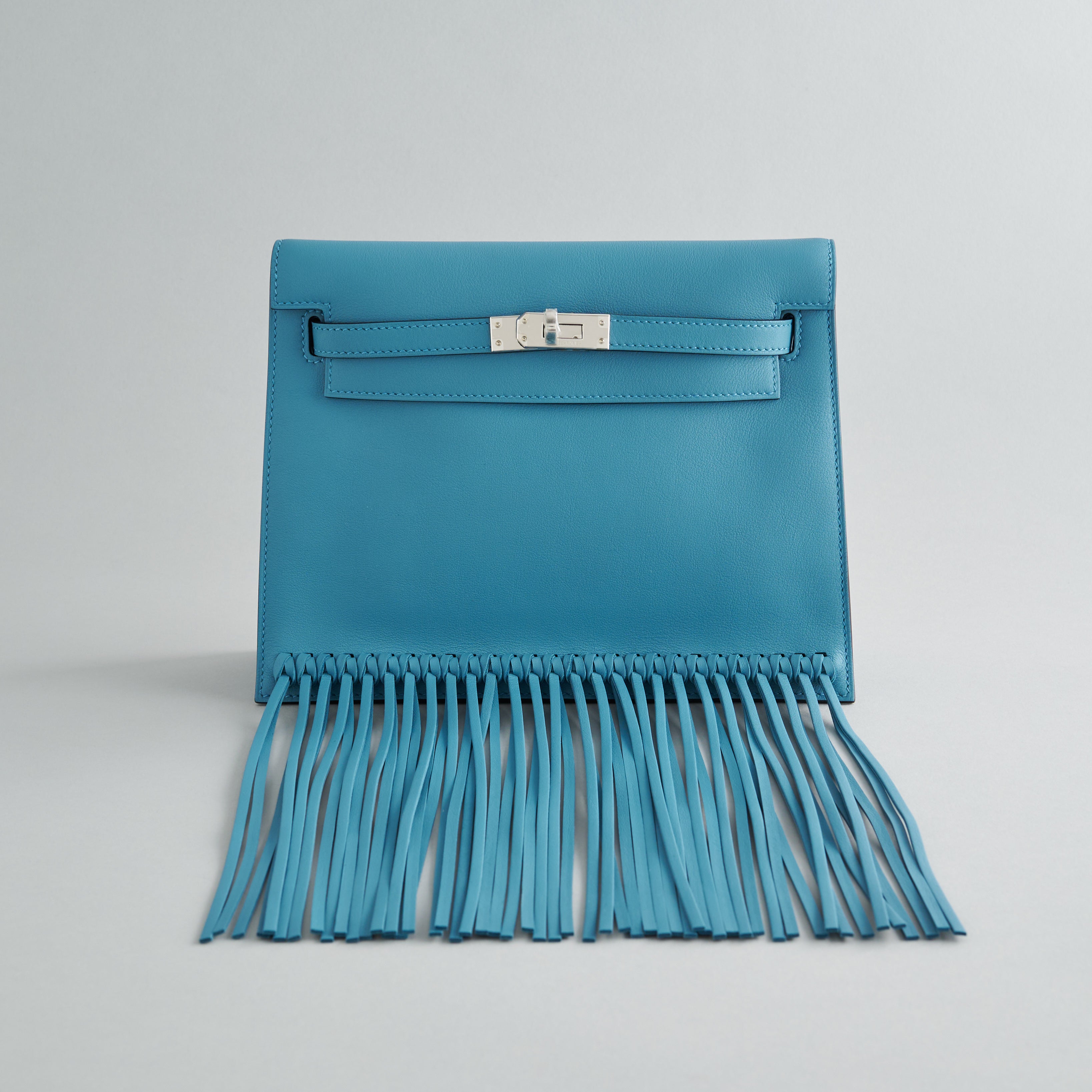 Hermès Kelly Danse II Anate w/ Fringe Swift Blue Jean Palladium Hardware