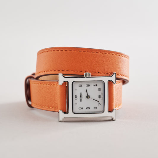 Hermès Heure H Double Tour Watch 25mm Orange PHW White Dial