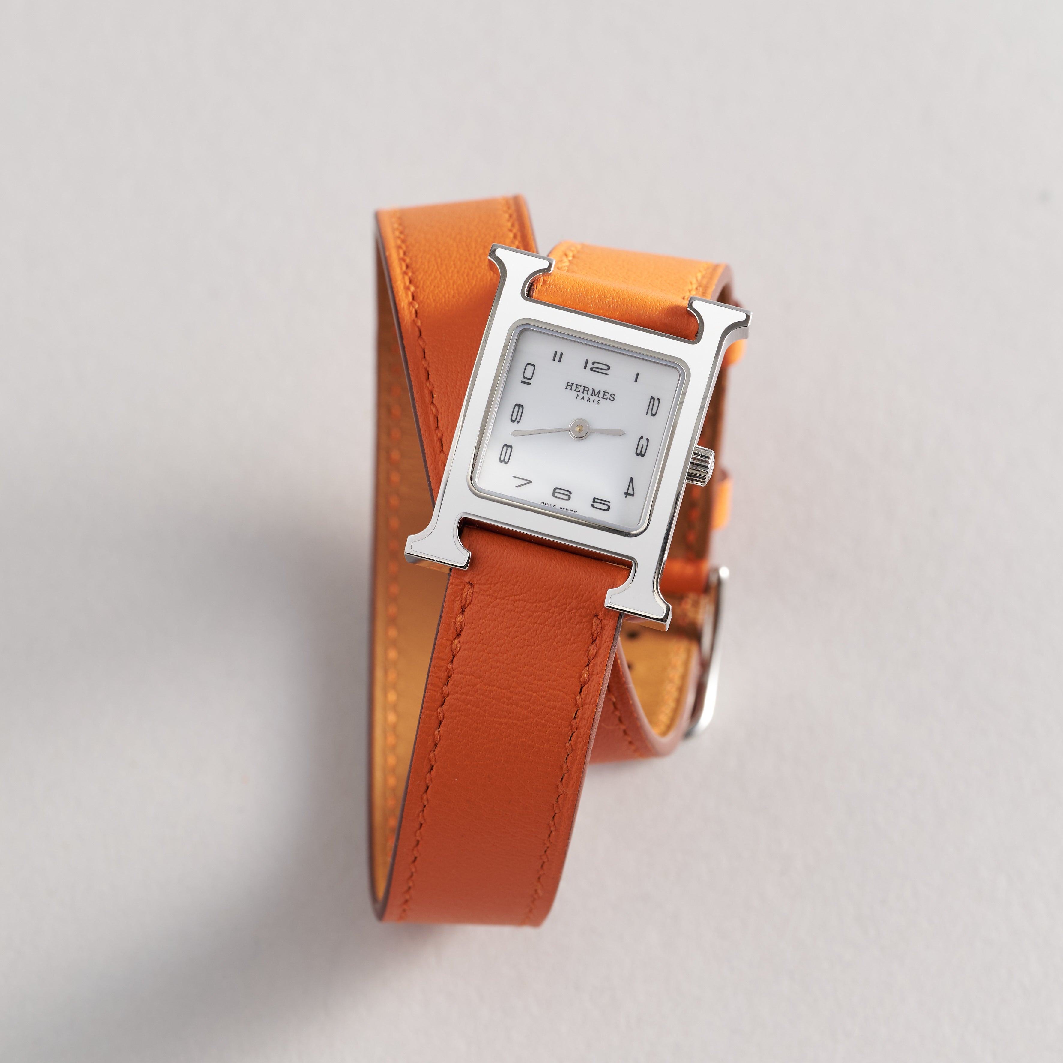 Hermès Heure H Double Tour Watch 25mm Orange PHW White Dial