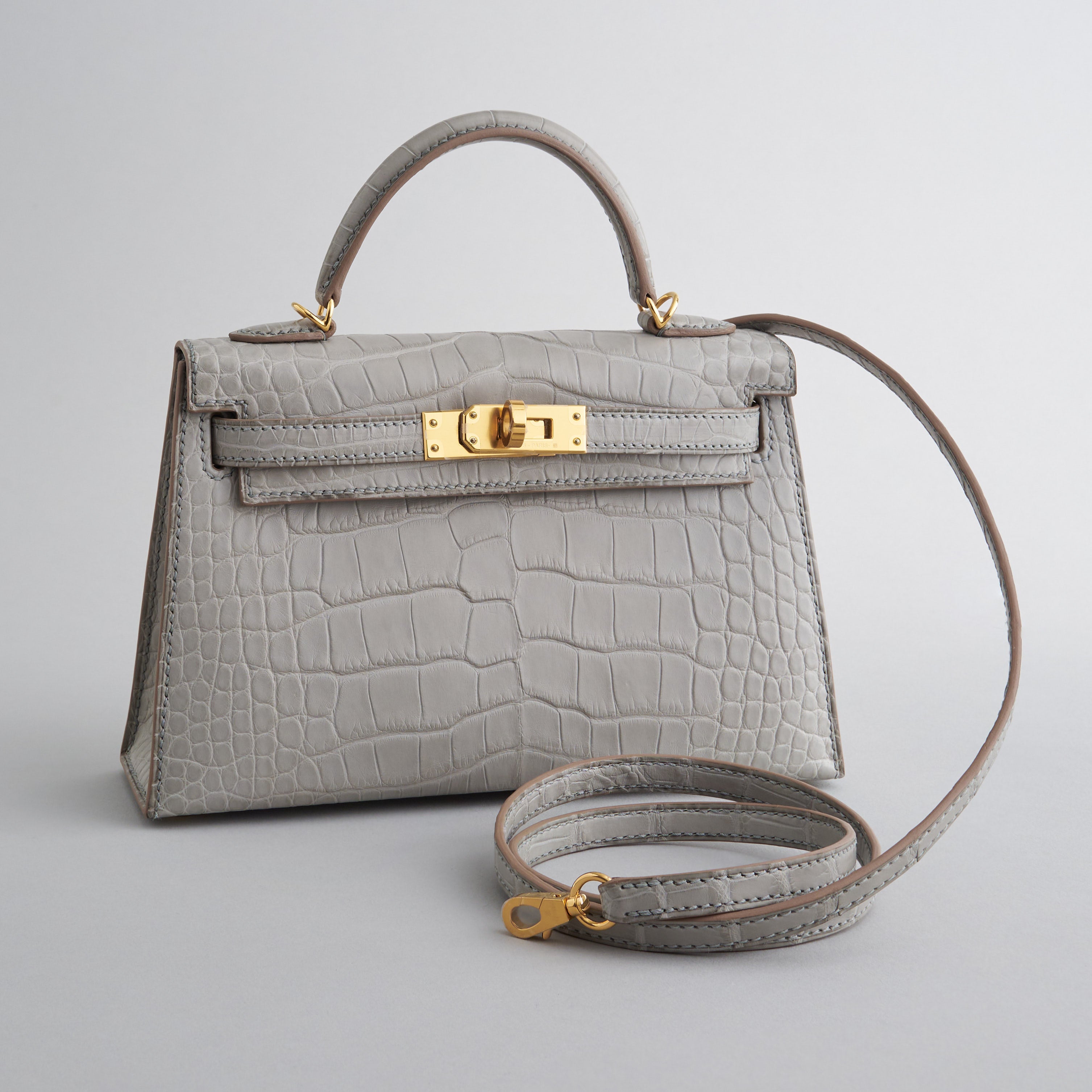 Hermès Kelly Mini Alligator Gris Perle Gold Hardware Matte