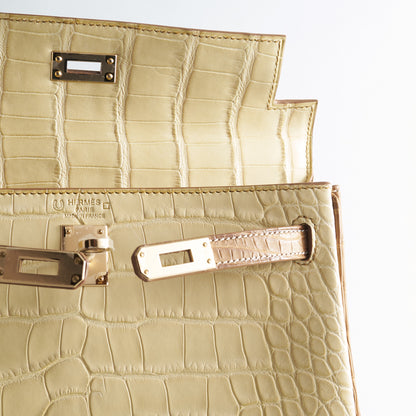 Hermès Kelly 25 Croc Vanille / Gold Rose Gold Hardware Sellier HSS