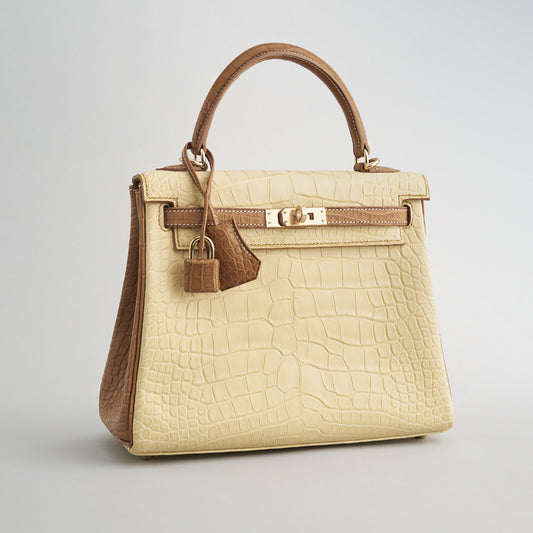 Hermès Kelly 25 Croc Vanille / Gold Rose Gold Hardware Sellier HSS