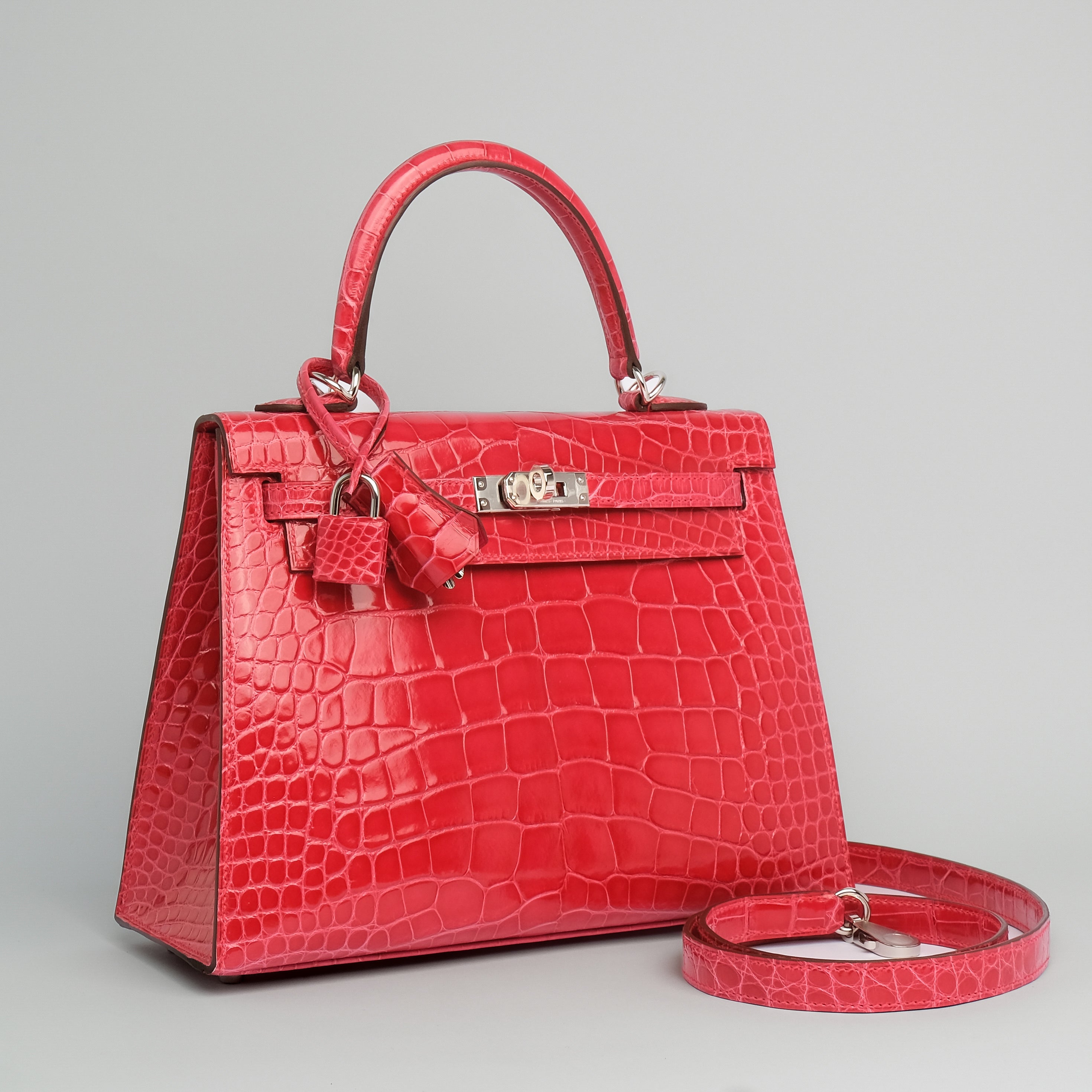 Hermès Kelly 25 Alligator Rose Extreme Palladium Hardware Shiny