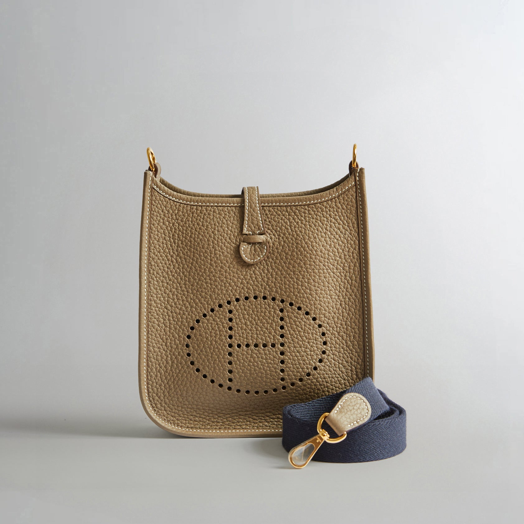 Hermès Evelyne Mini Clemence Etoupe Gold Hardware Blue Indigo Strap