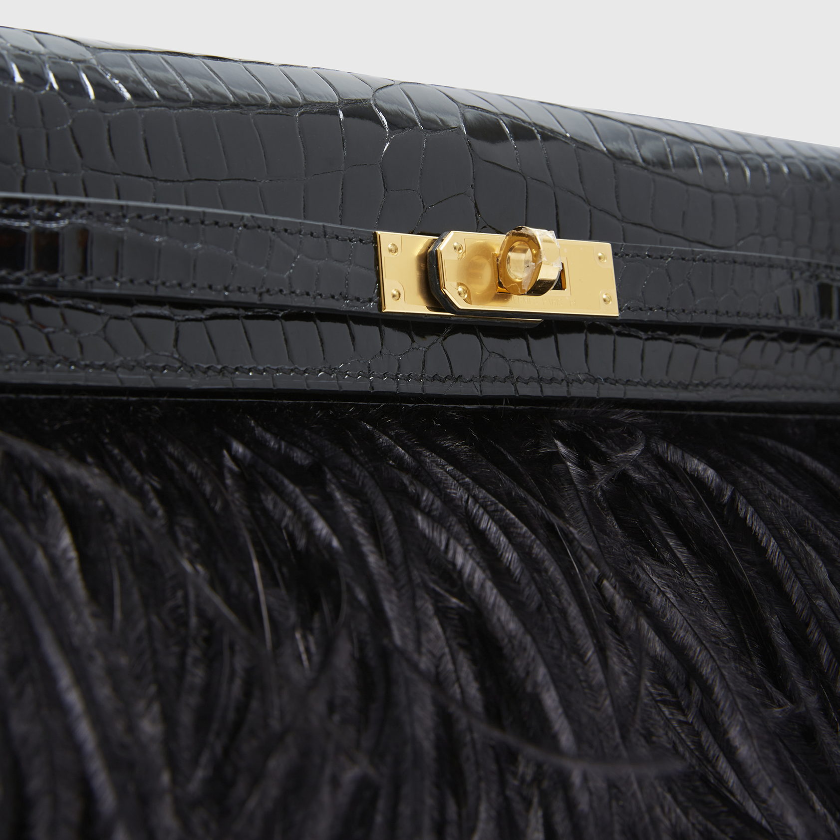 Hermès Kelly Elan Folie Croc Black Ostrich Feather Gold Hardware