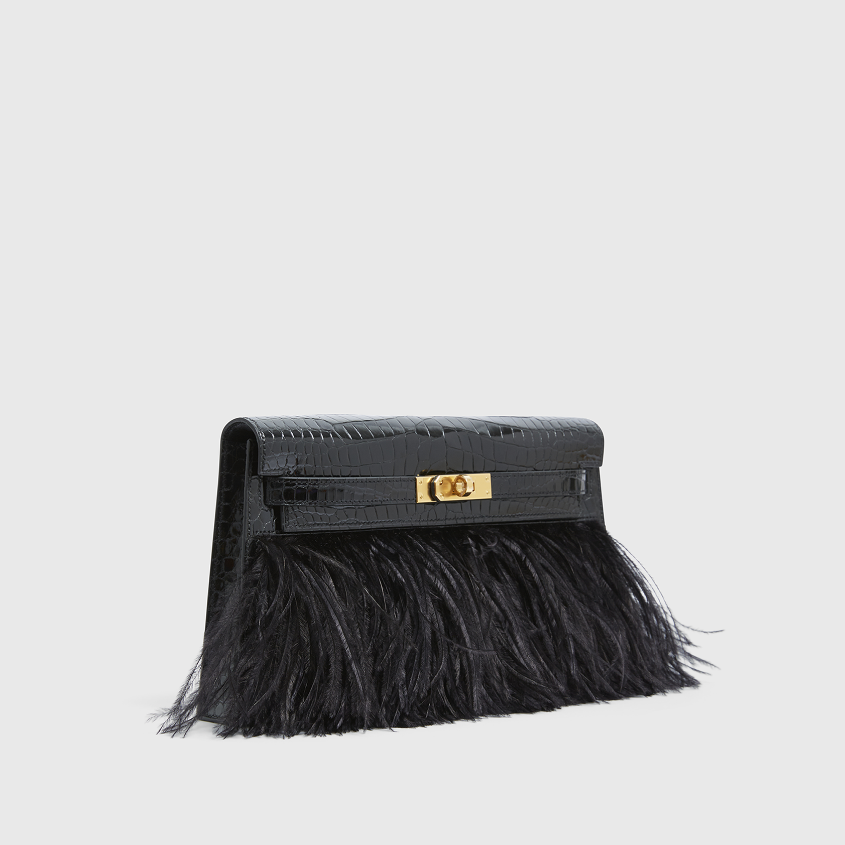 Hermès Kelly Elan Folie Croc Black Ostrich Feather Gold Hardware