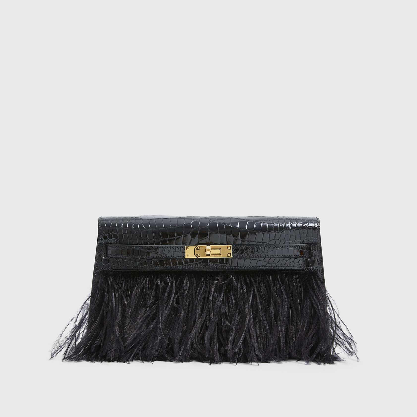 Hermès Kelly Elan Folie Croc Black Ostrich Feather Gold Hardware