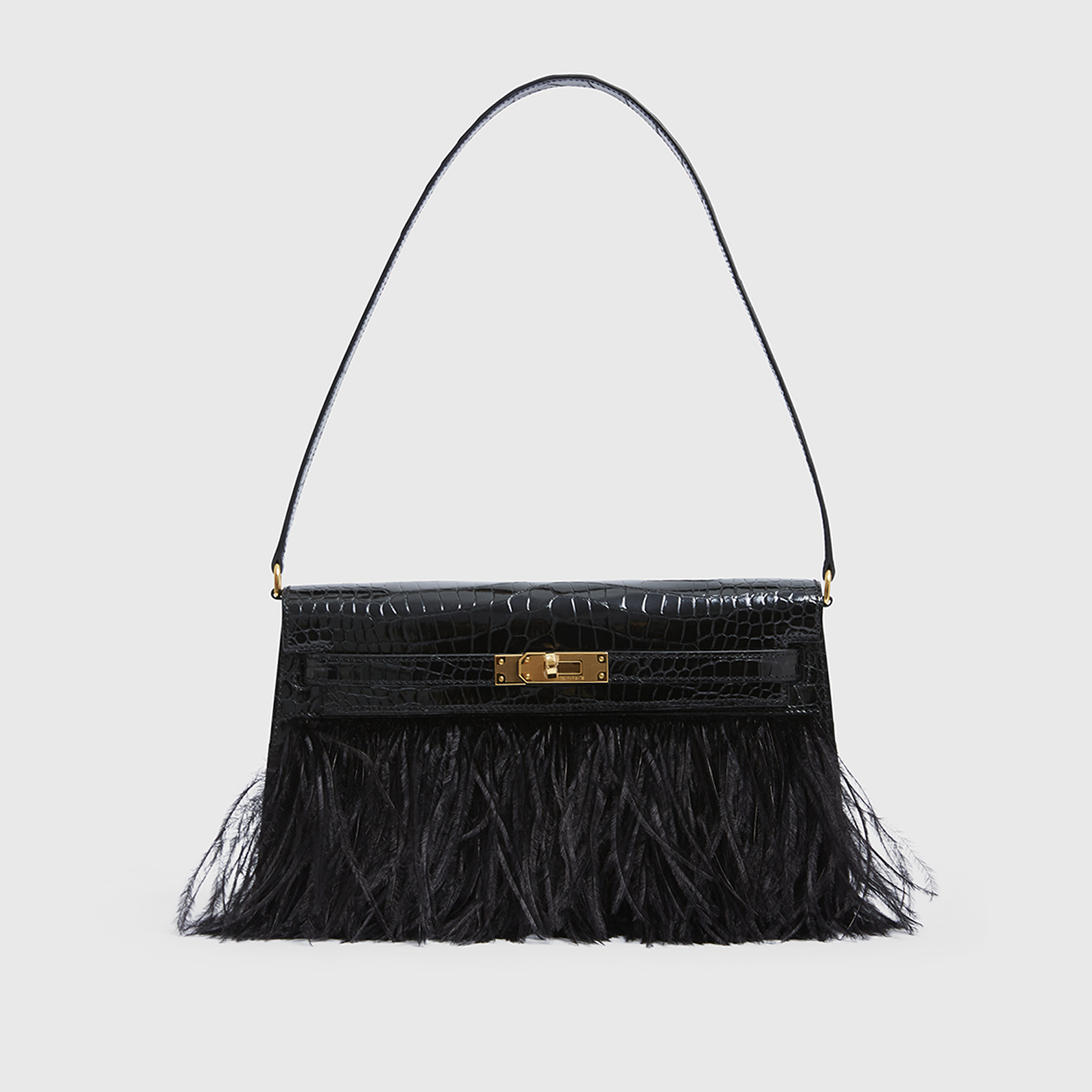 Hermès Kelly Elan Folie Croc Black Ostrich Feather Gold Hardware