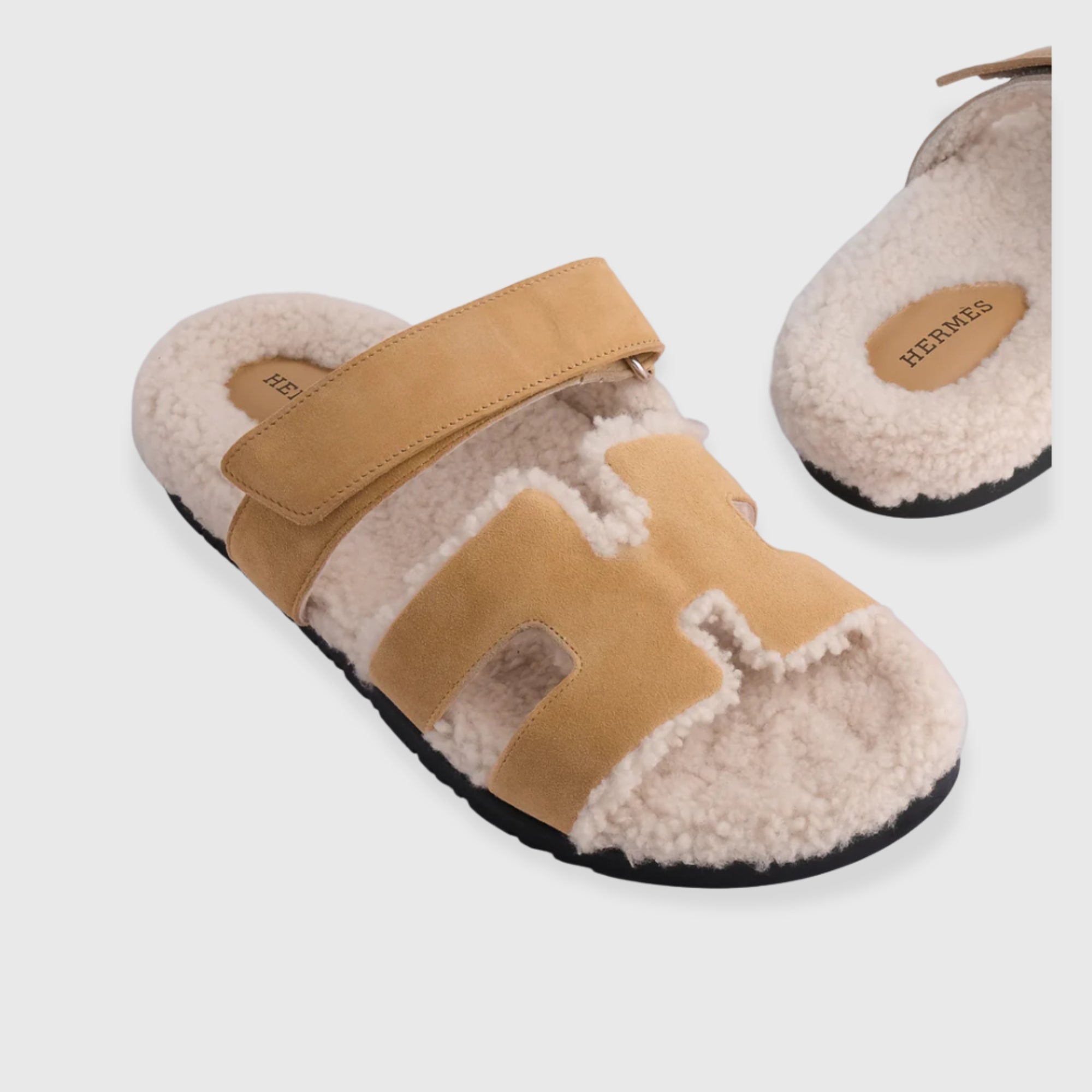 Hermès Chypre Sandals Suede, Shearling Beige Albatre/Ecru